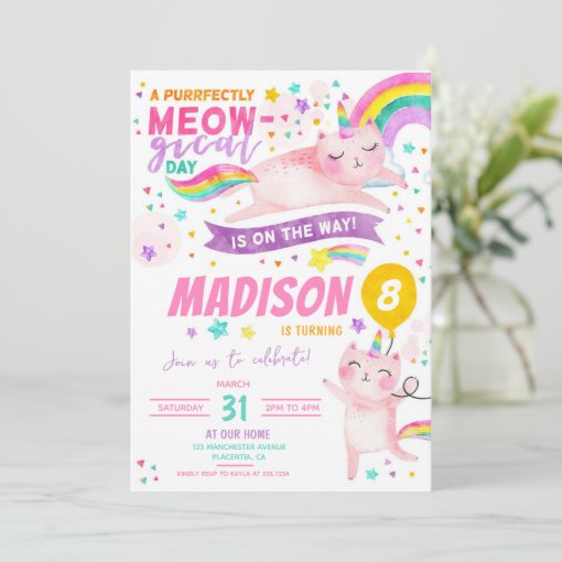 Caticorn Birthday Party Cat unicorn rainbow Invitation | Zazzle