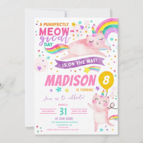 Caticorn Birthday Party Cat unicorn rainbow Invitation