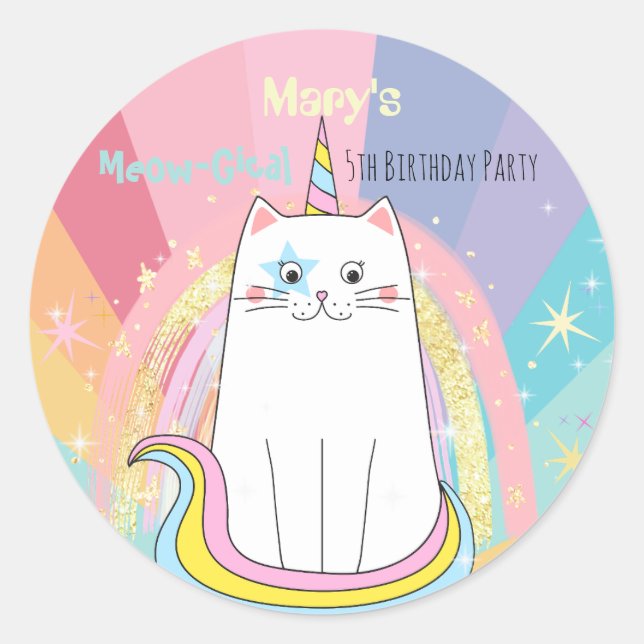 Caticorn Cat Meow-Gical Birthday Kid Classic Round Sticker (Front)