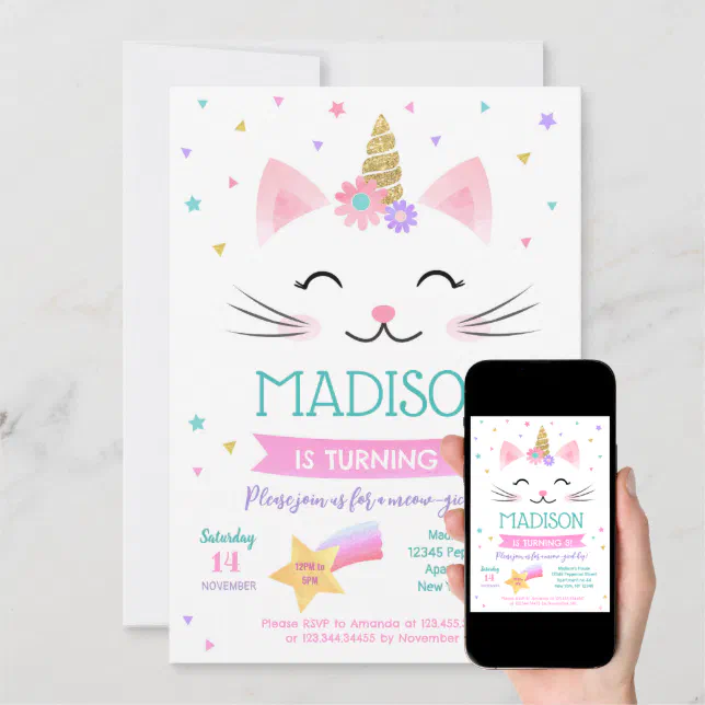 Caticorn Kitty Cat Kitten Birthday Invitations | Zazzle