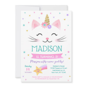 Caticorn Kitty Cat Kitten Birthday Invitations
