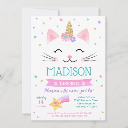 Caticorn Kitty Cat Kitten Birthday Invitations