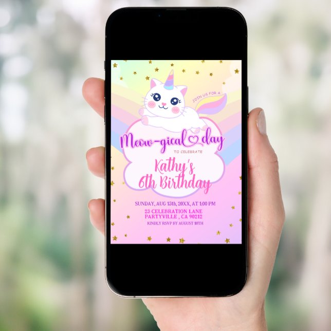 Caticorn Rainbow Girl Birthday Invitation (Front Digital)