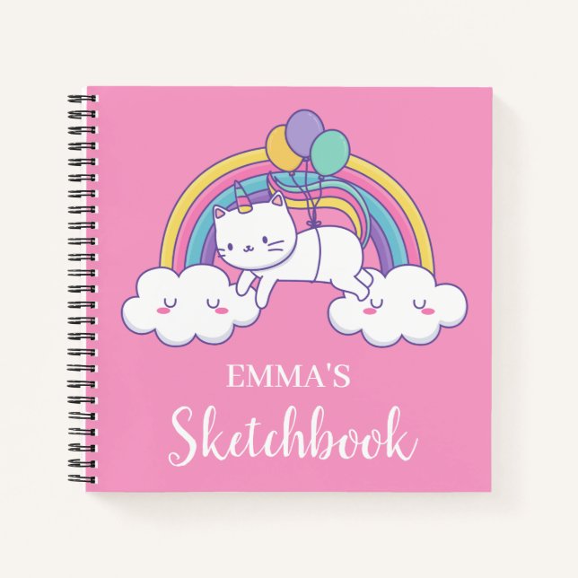 Caticorn Rainbow Personalized Kids Sketchbook Notebook (Front)