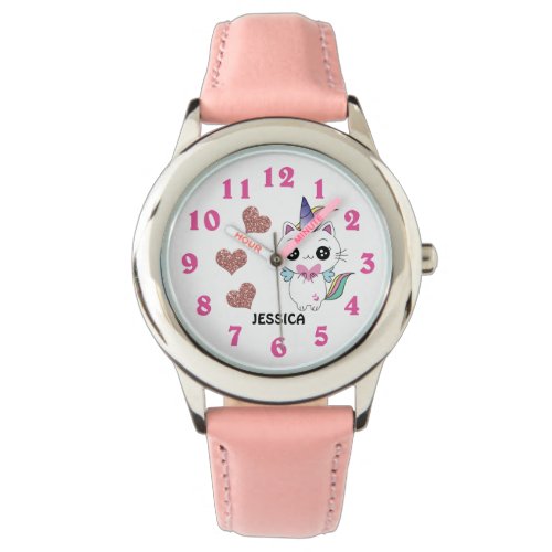  Caticorn Unicorn Rose Gold Glitter Hearts  Name Watch