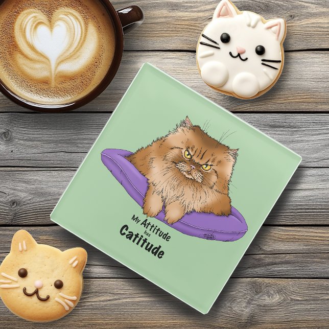 Catitude Cat Ginger Attitude Fluffy Funny Glass Coaster (Creator Uploaded)