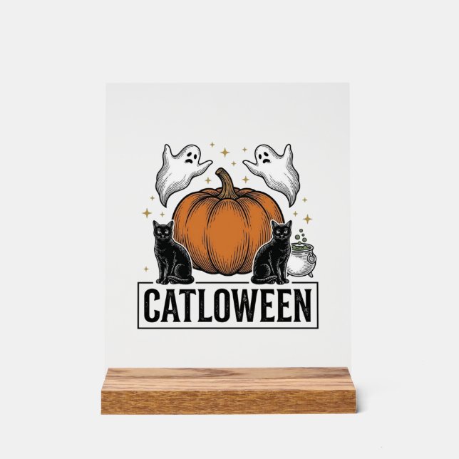 Catloween Black Cat Ghost Halloween Vector Design_ Acrylic Sign (Front)