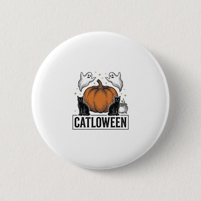 Catloween Black Cat Ghost Halloween Vector Design_ Button (Front)