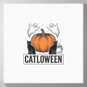 Catloween Black Cat Ghost Halloween Vector Design_ Canvas Photo Tile