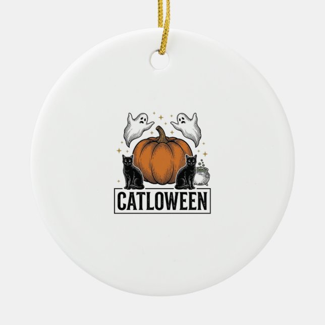 Catloween Black Cat Ghost Halloween Vector Design_ Ceramic Ornament (Front)