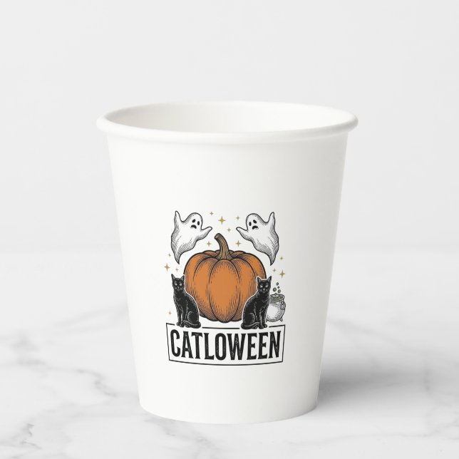 Catloween Black Cat Ghost Halloween Vector Design_ Paper Cups (Front)