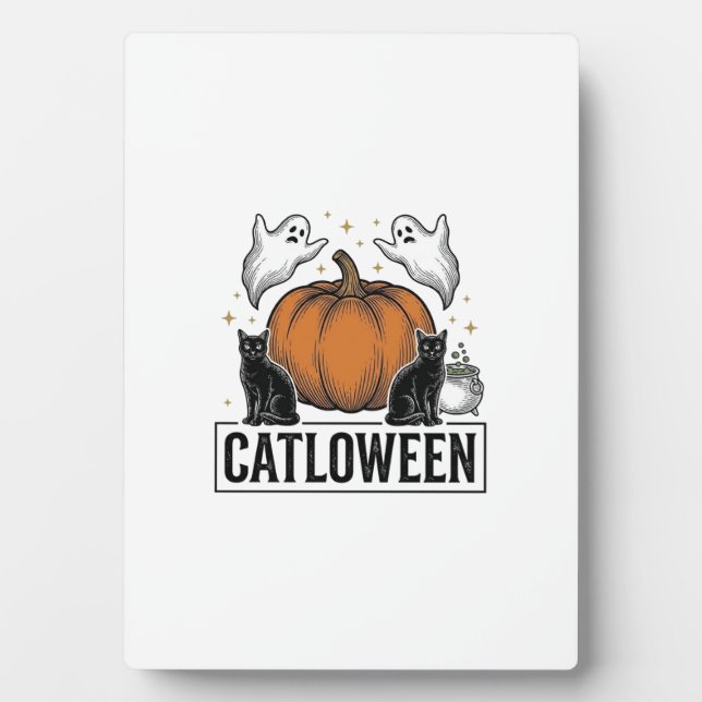 Catloween Black Cat Ghost Halloween Vector Design_ Plaque (Front)