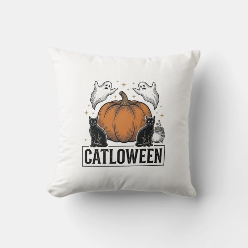 Catloween Black Cat Ghost Halloween Vector Design_ Throw Pillow