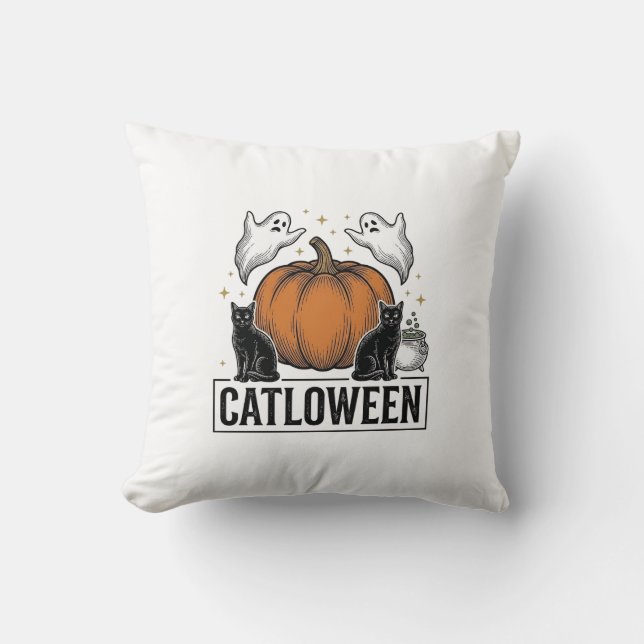 Catloween Black Cat Ghost Halloween Vector Design_ Throw Pillow (Front)