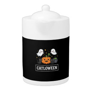 Catloween Cute Ghost Cat Halloween Design_1 Teapot