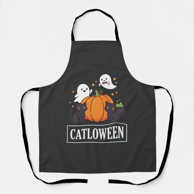 Catloween Funny Halloween Cat Ghost Pumpkin Design Apron (Front)