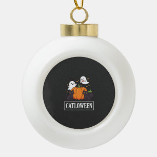 Catloween Funny Halloween Cat Ghost Pumpkin Design Ceramic Ball Christmas Ornament