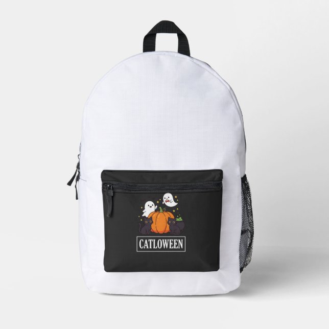 Catloween Funny Halloween Cat Ghost Pumpkin Design Printed Backpack (Front)