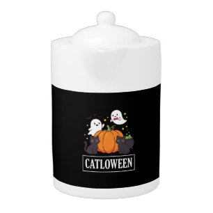 Catloween Funny Halloween Cat Ghost Pumpkin Design Teapot