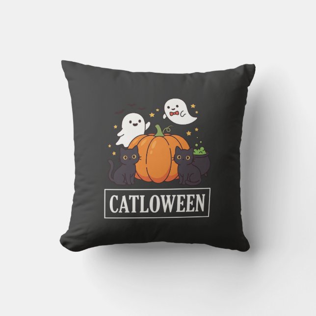 Catloween Funny Halloween Cat Ghost Pumpkin Design Throw Pillow (Front)