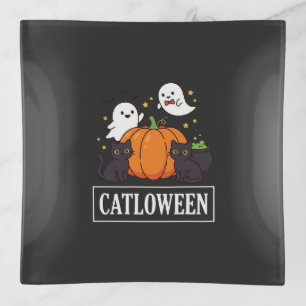 Catloween Funny Halloween Cat Ghost Pumpkin Design Trinket Tray