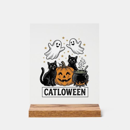 Catloween Vintage Ghost Cat Halloween Shirt Design Acrylic Sign