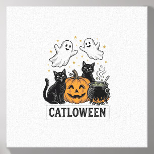 Catloween Vintage Ghost Cat Halloween Shirt Design Canvas Photo Tile