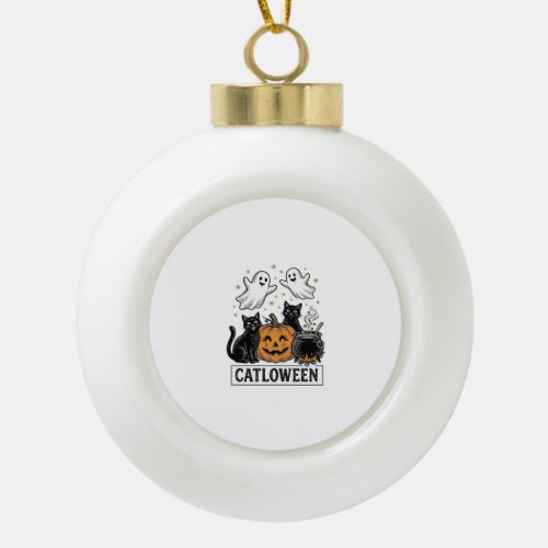Catloween Vintage Ghost Cat Halloween Shirt Design Ceramic Ball Christmas Ornament