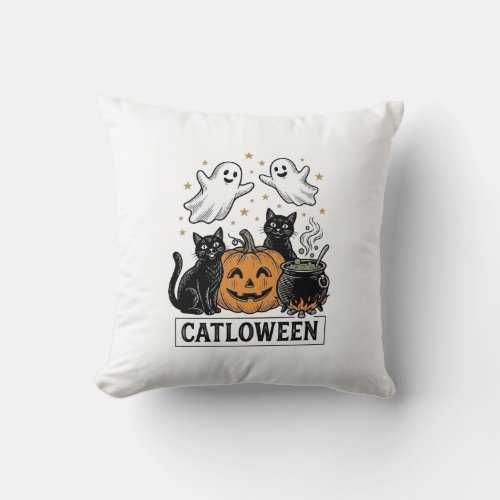 Catloween Vintage Ghost Cat Halloween Shirt Design Throw Pillow