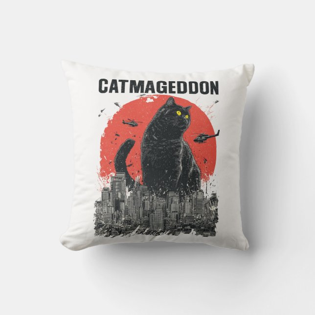 Catmageddon Giant Cat Monster City Kaiju Funny Pet Throw Pillow (Front)