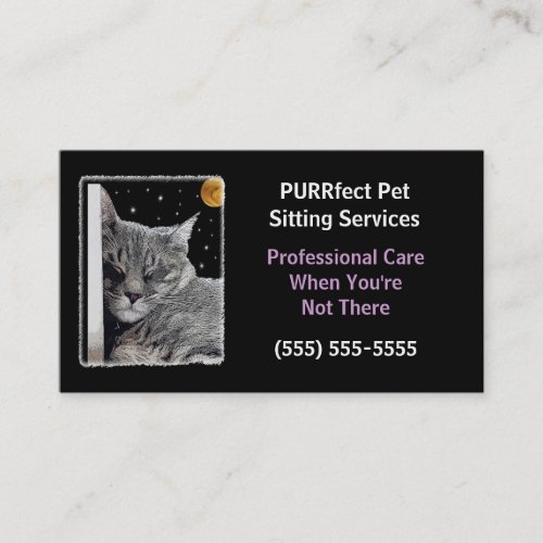 Catnap Pet Sitting Business Purple and Black Business Card