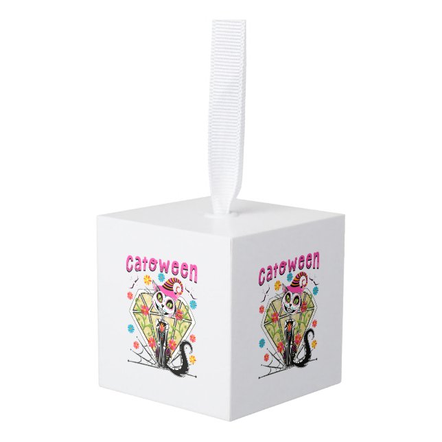 Catoween Halloween Cube Ornament (Front Angled)