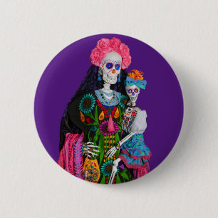 Catrina and Child Day of the Dead Sugar Skull Button