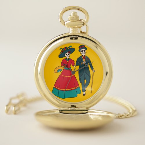 Catrina Couple Mexican Day Of The Dead Pocket Watch