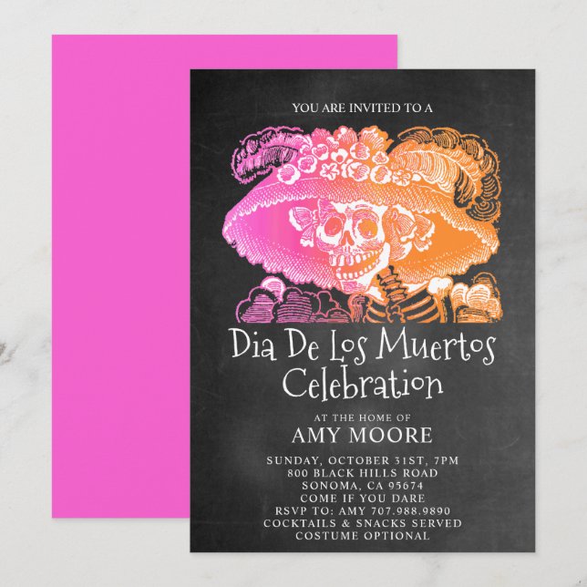 Catrina Dia De Los Muertos Chalkboard Party Invitation (Front/Back)