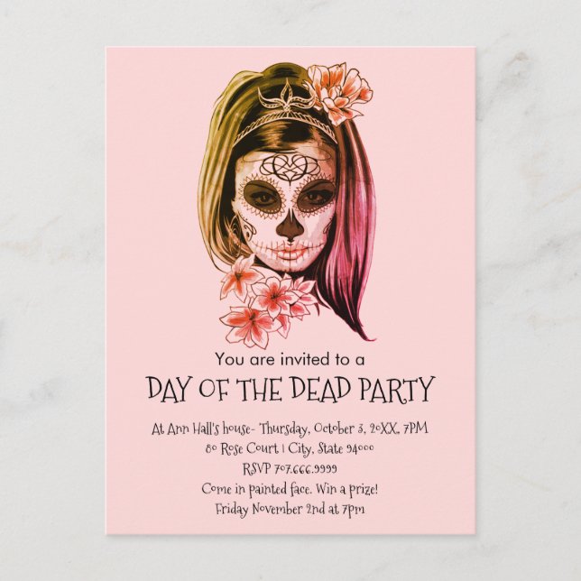 Catrina Painted Face Day Of The Dead Party Invitation Postcard (Front)