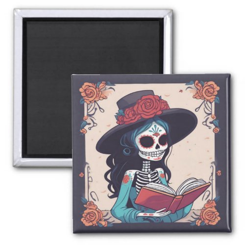 Catrina Skull Day of the Dead Latina Book Lover  Magnet
