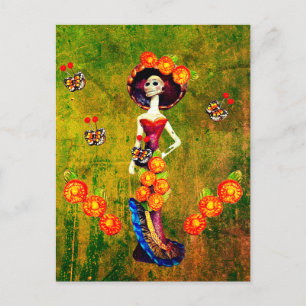 Catrina W/Hat, Orange Flowers & Blue Gold Ruffles Postcard