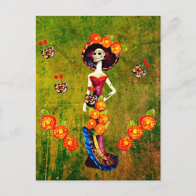 Catrina W/Hat, Orange Flowers & Blue Gold Ruffles Postcard (Front)