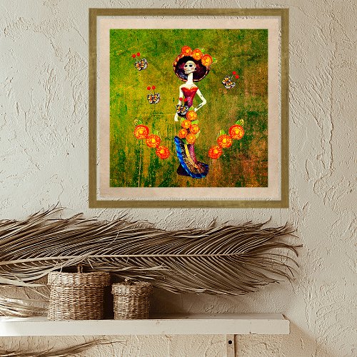 Catrina WHat Orange Flowers  Blue Gold Ruffles Poster