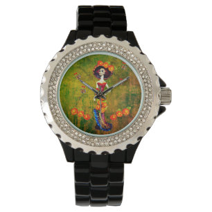 Catrina W/Hat, Orange Flowers & Blue Gold Ruffles Watch
