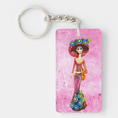 Catrina WRed Dress  Blue Flowers On Pink Washed Keychain