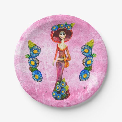 Catrina WRed Dress  Blue Flowers On Pink Washed Paper Plates