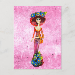 Catrina W/Red Dress & Blue Flowers On Pink Washed Postcard