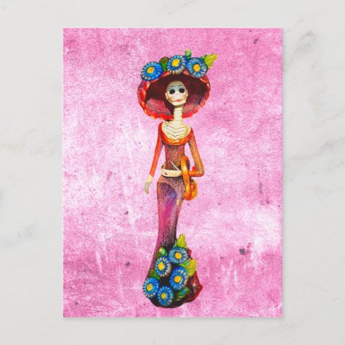 Catrina WRed Dress  Blue Flowers On Pink Washed Postcard