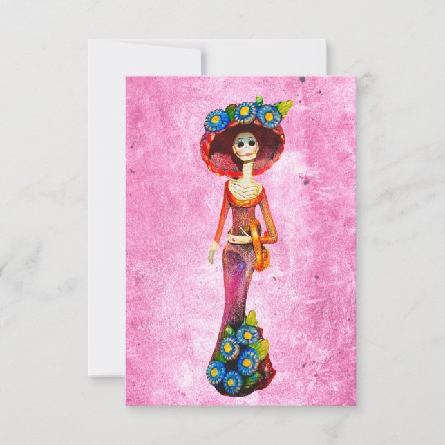 Catrina W/Red Dress & Blue Flowers On Pink Washed Thank You Card (Front)