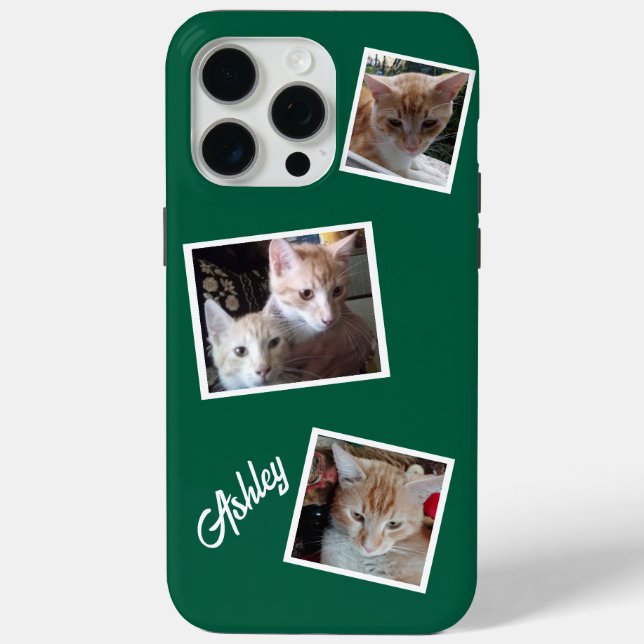 Cats 3 Photos Collage Pets Name Green Case-Mate iPhone Case (Back)