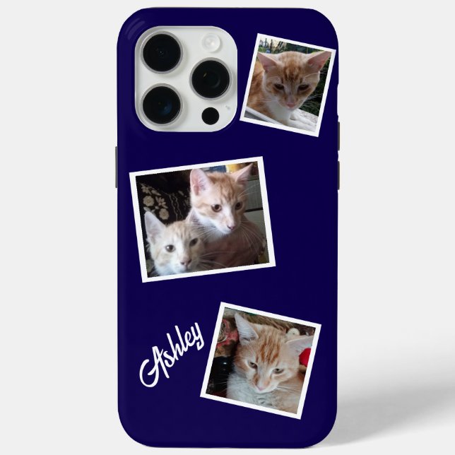 Cats 3 Photos Collage Pets Name Navy Blue Case-Mate iPhone Case (Back)