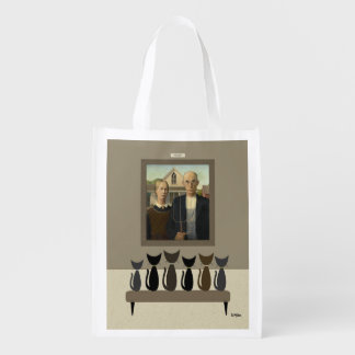 Cats Admire American Gothic Painting Grocery Bag