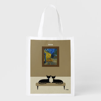 Cats Admire Cafe Terrace at Night Painting Grocery Bag